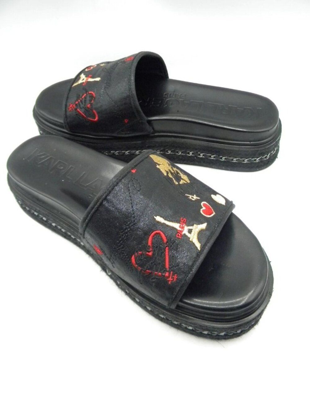 KARL LAGERFELD Paris PRINZ Platform Black Embelished Slide Sandals Size 9